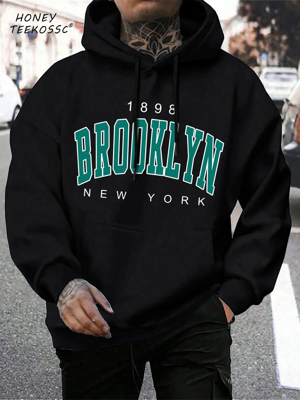 Men's long-sleeve graphic hoodie with drawstring hood and kangaroo pocket