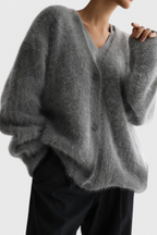 Women's relaxed fuzzy knit V-neck cardigan with buttons