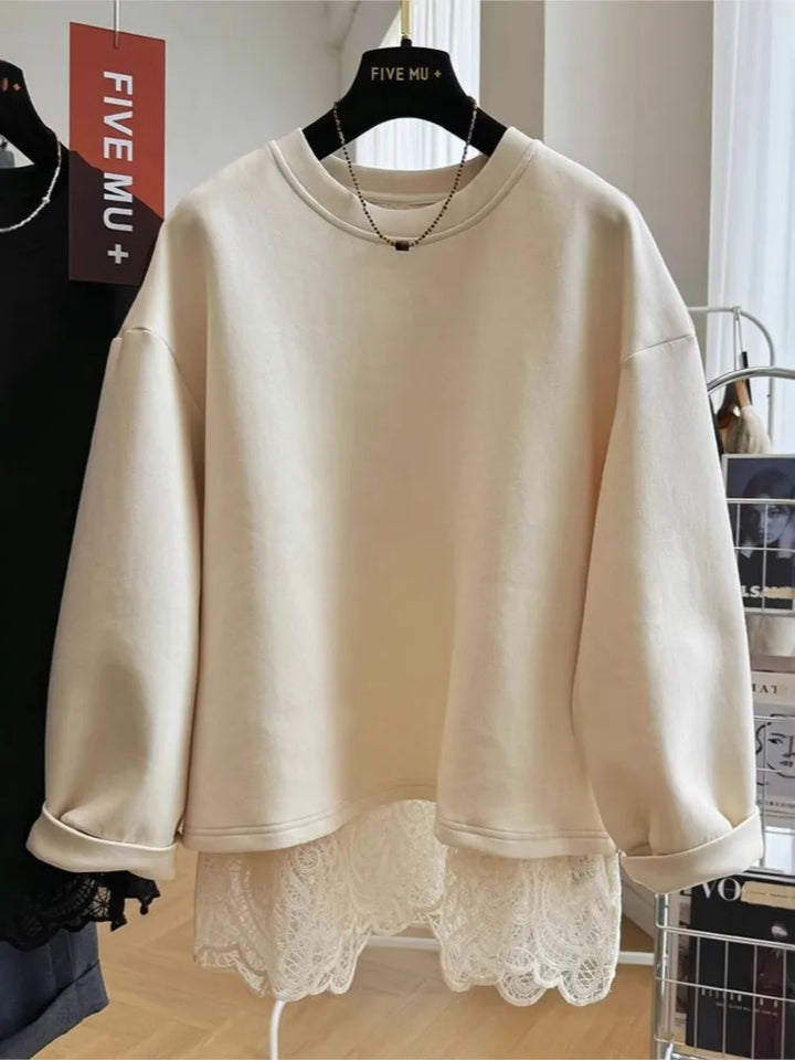 Women's crew-neck sweatshirt with open back and scalloped lace hem