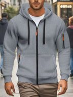 Men's dark green hooded zip-up hoodie with long sleeves and multiple zipped pockets
