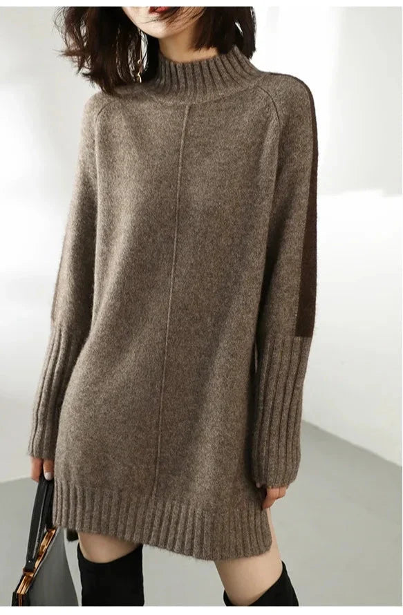 Women's ribbed turtleneck sweater dress with long sleeves and mini length