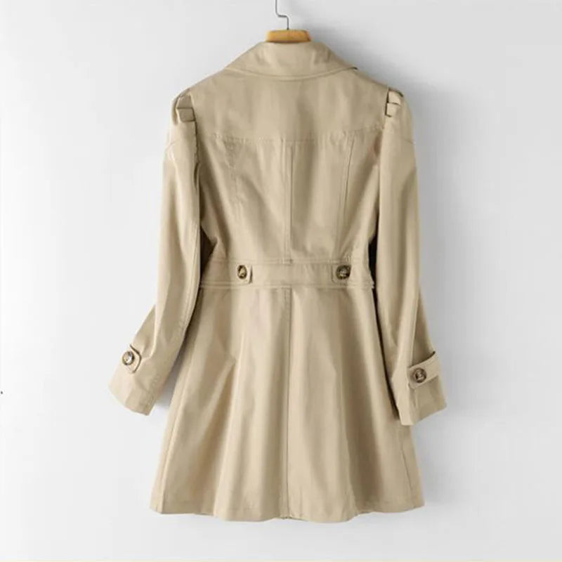 Women's double-breasted trench coat with notched lapels and long sleeves