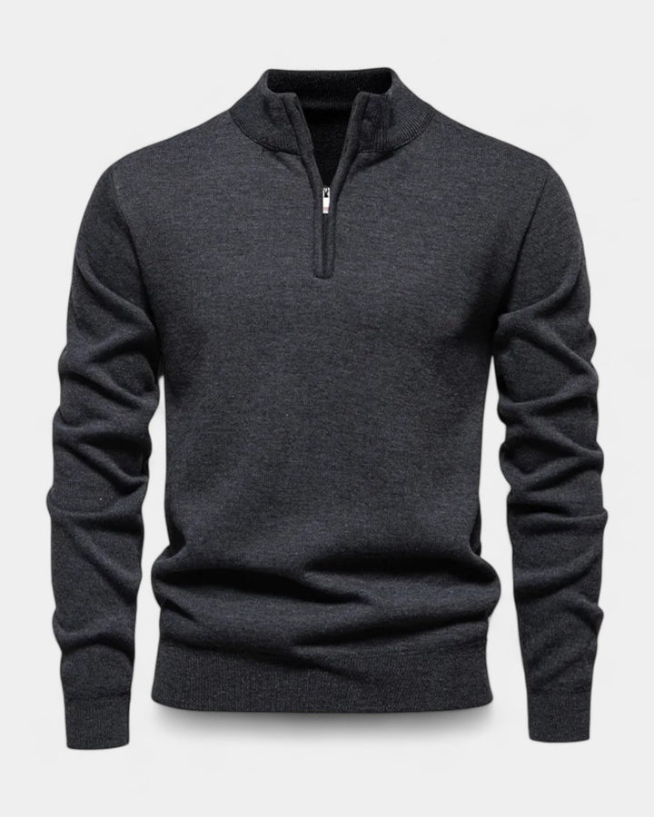 Men's long-sleeve quarter-zip jumper with ribbed mock neck and cuffs