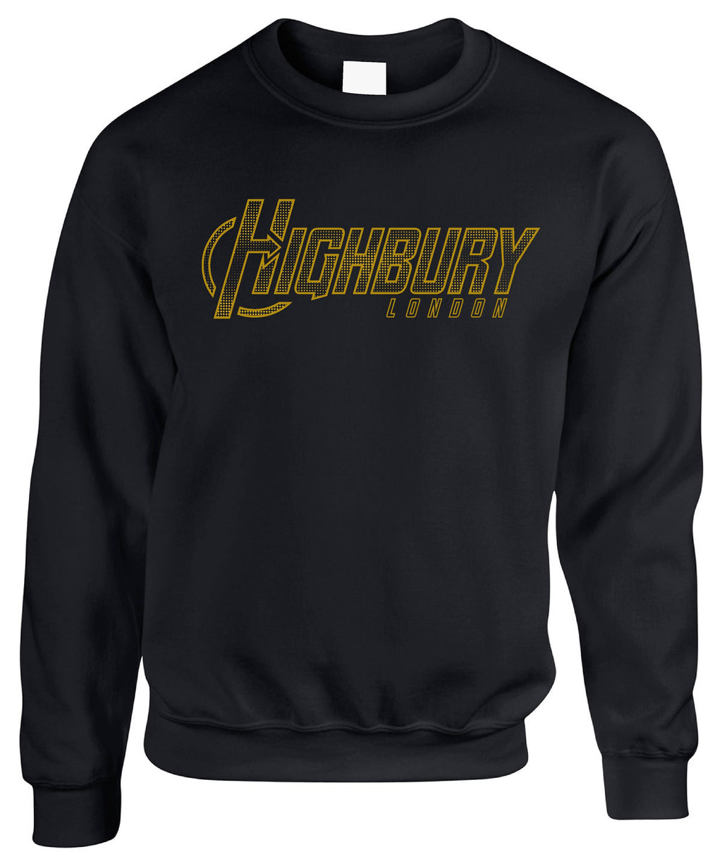 Unisex crew neck sweatshirt with Highbury London front graphic and ribbed trims