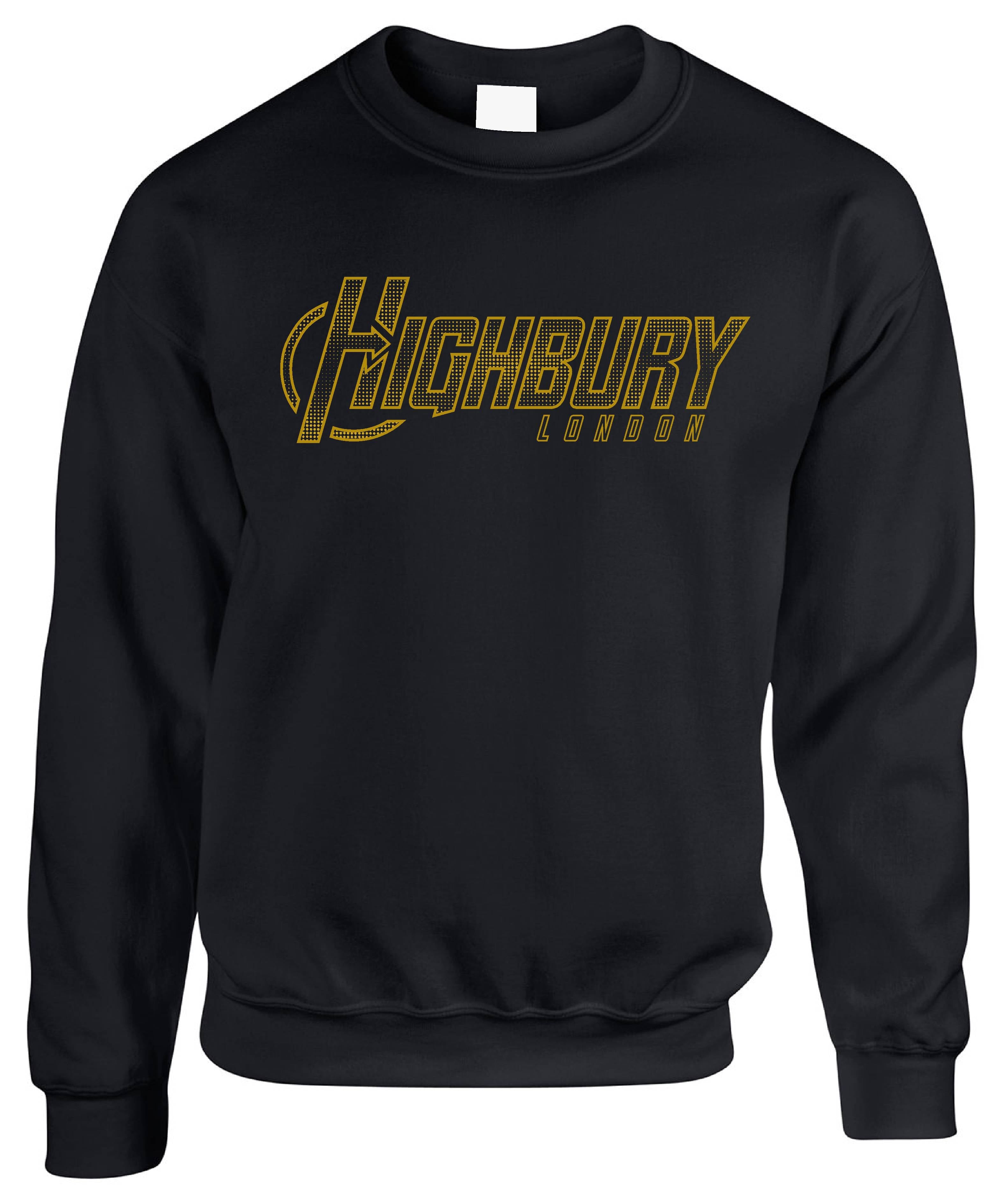 Unisex crew neck sweatshirt with Highbury London front graphic and ribbed trims