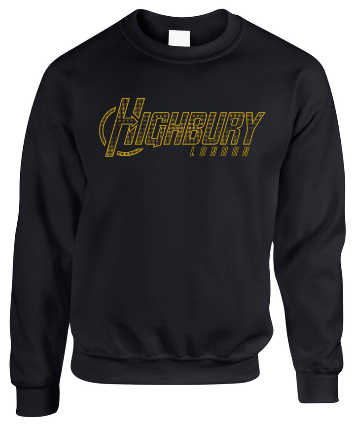 Unisex crew neck sweatshirt with Highbury London front graphic and ribbed trims