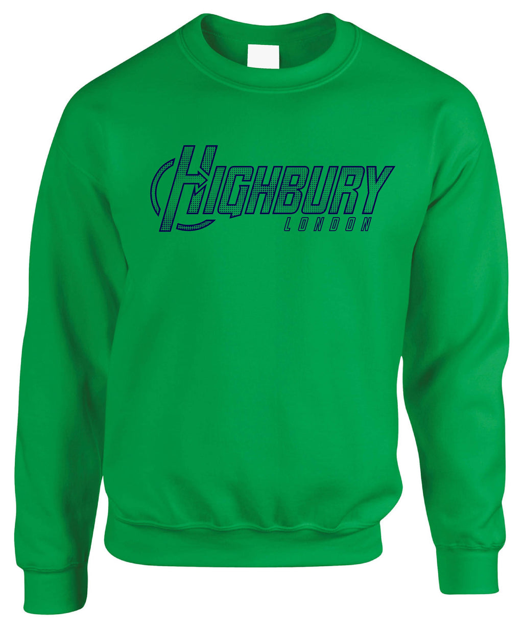 Unisex crew neck sweatshirt with Highbury London front graphic and ribbed trims