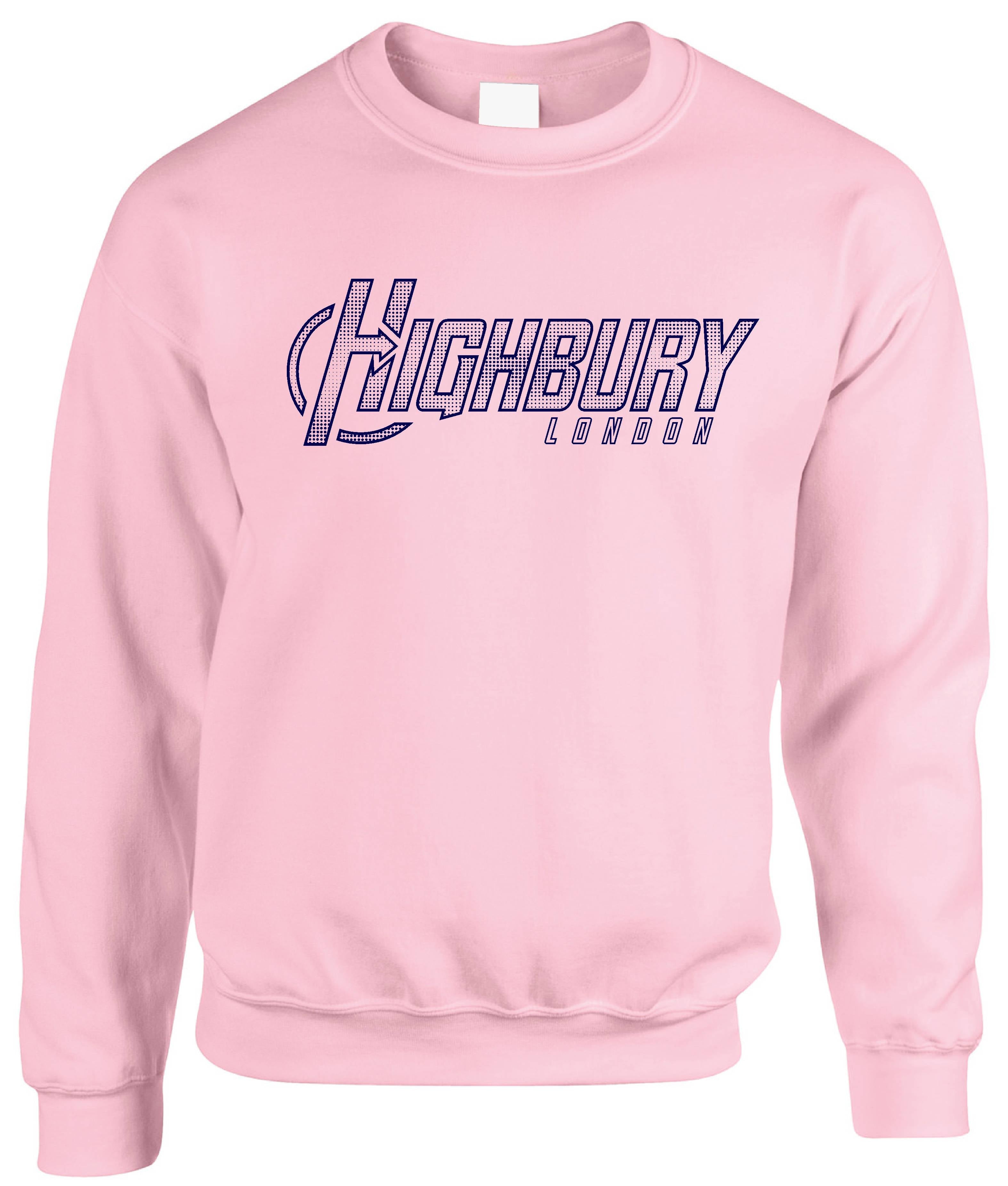 Unisex crew neck sweatshirt with Highbury London front graphic and ribbed trims