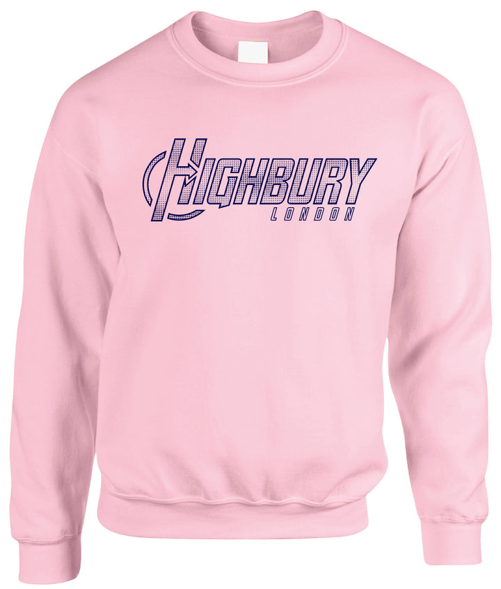 Unisex crew neck sweatshirt with Highbury London front graphic and ribbed trims