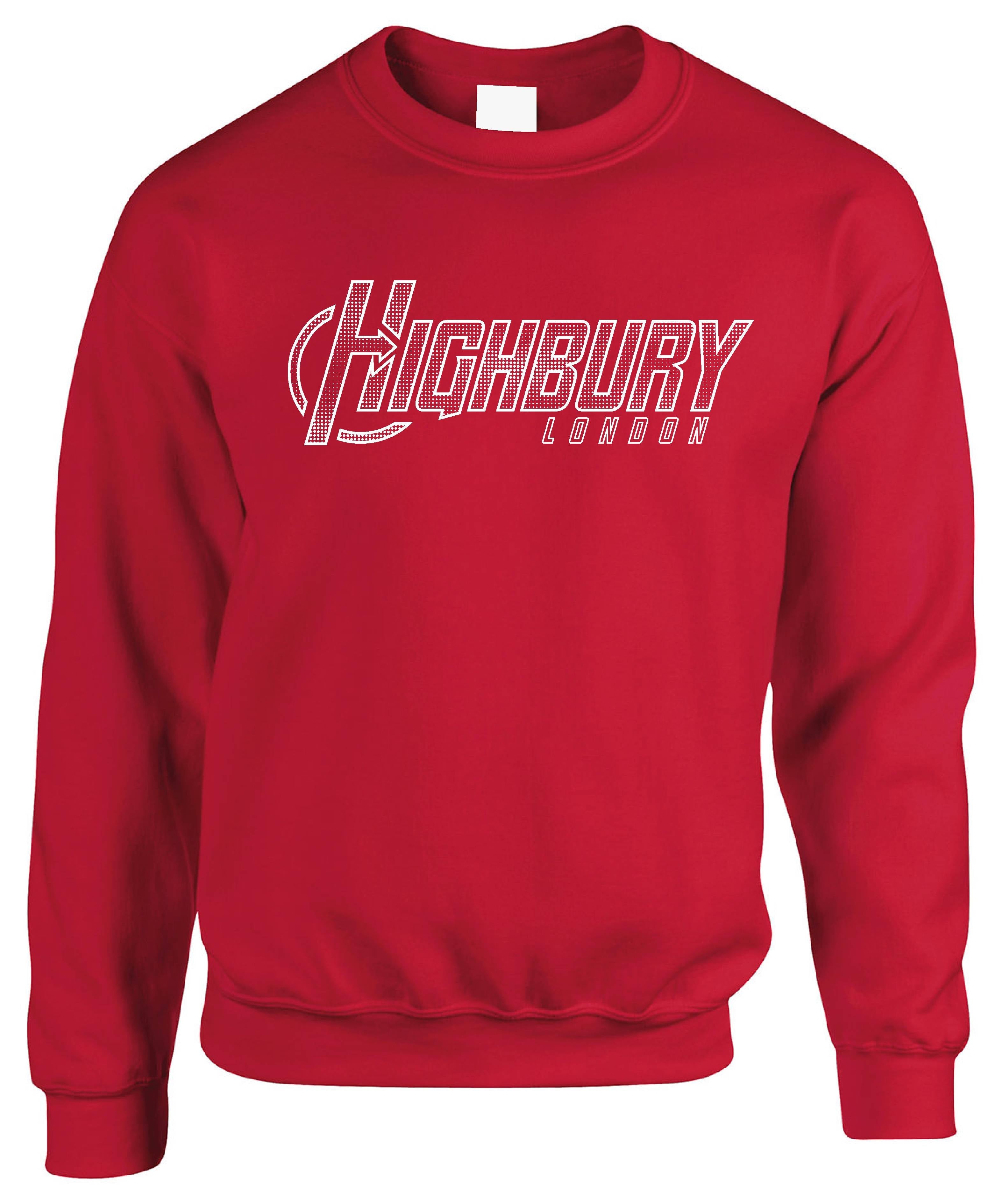 Unisex crew neck sweatshirt with Highbury London front graphic and ribbed trims