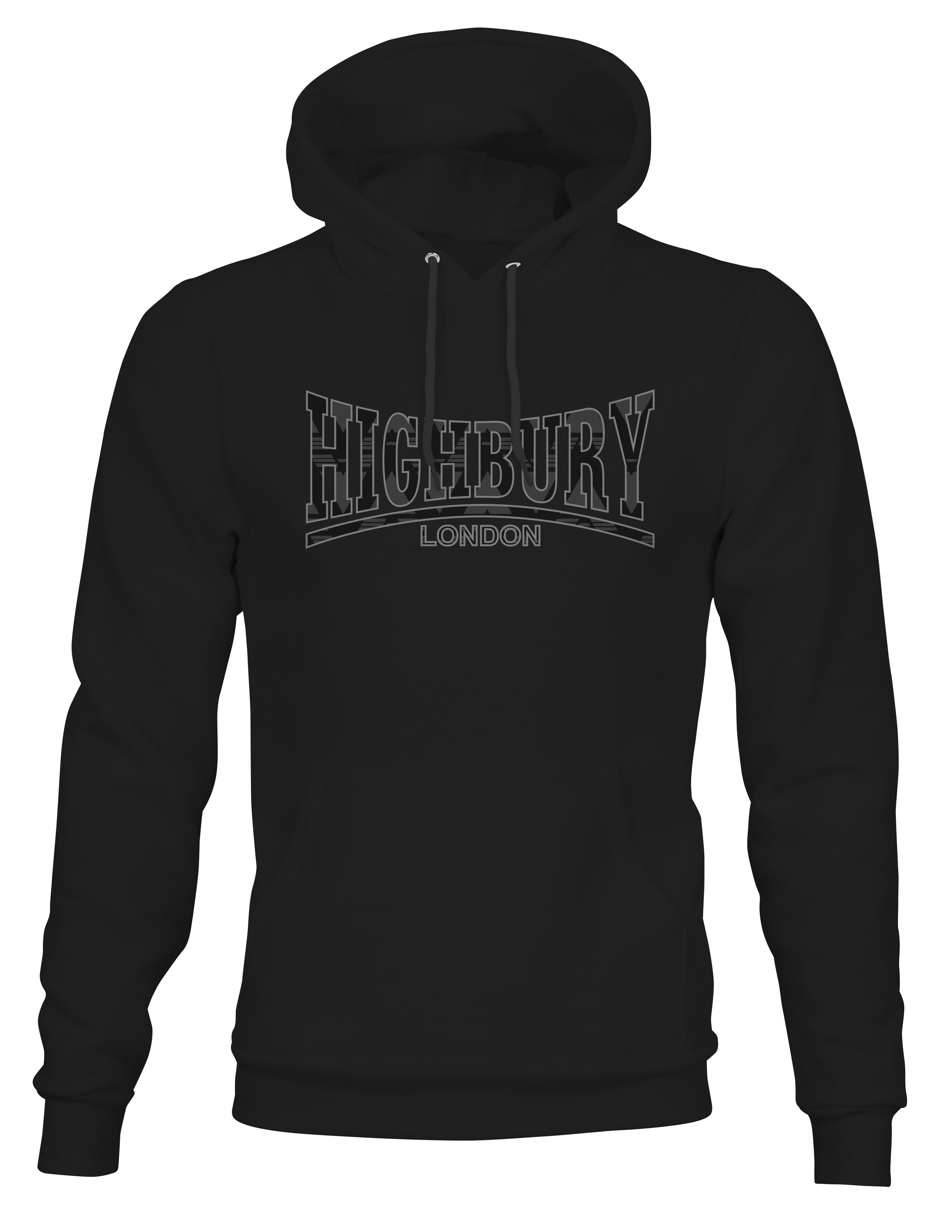 Black graphic hoodie with drawstring hood and front kangaroo pocket