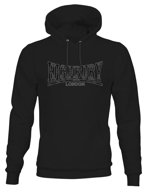 Black graphic hoodie with drawstring hood and front kangaroo pocket