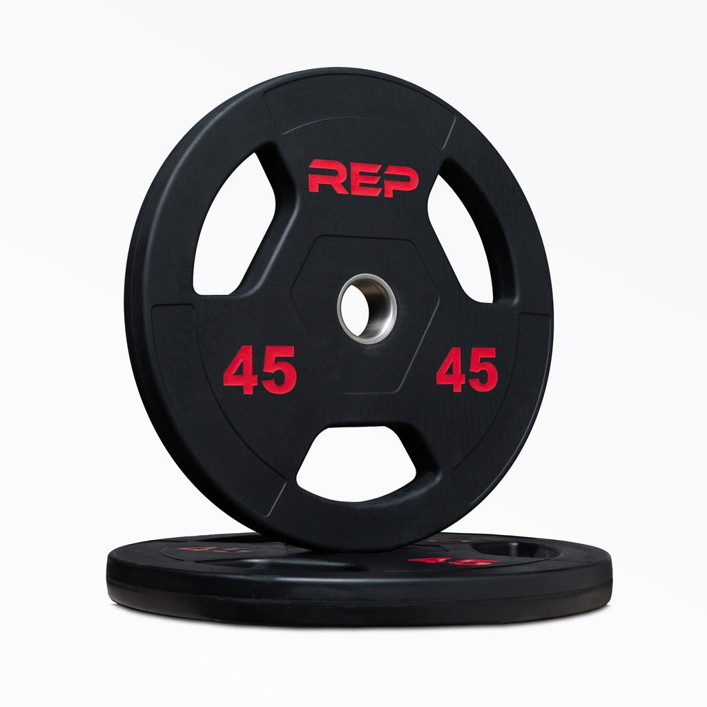 Black rubber coated Olympic weight plate marked 45 with three grip handles