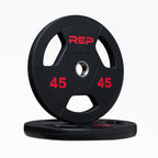 Black rubber coated Olympic weight plate marked 45 with three grip handles