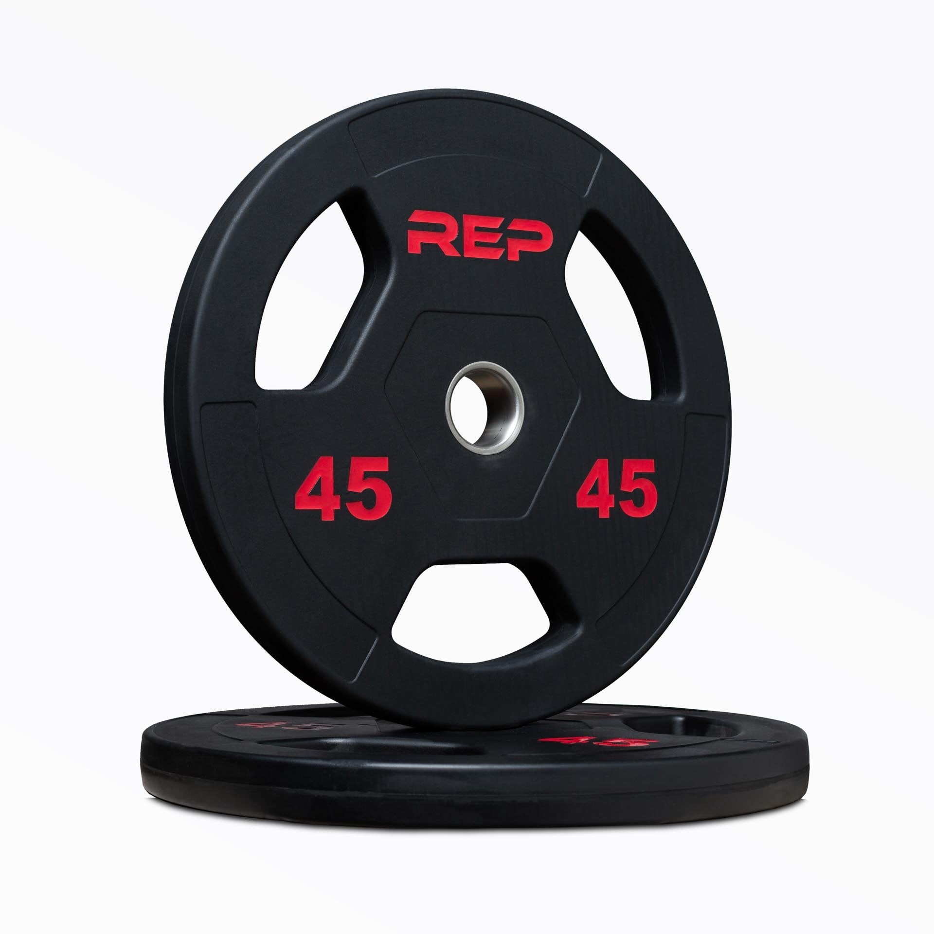 Black rubber coated Olympic weight plate marked 45 with three grip handles