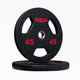 Black rubber coated Olympic weight plate marked 45 with three grip handles