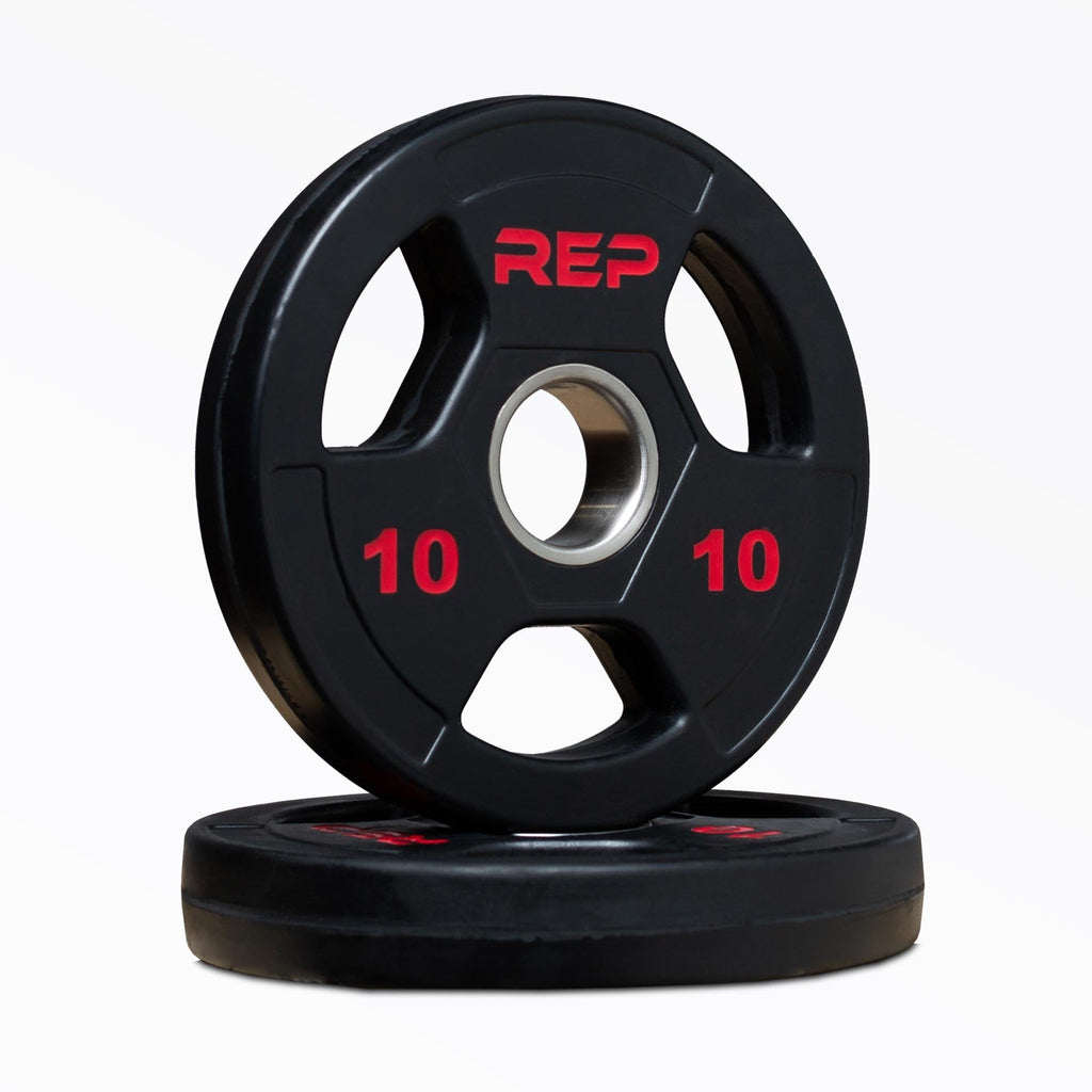 Black rubber coated Olympic weight plate marked 45 with three grip handles
