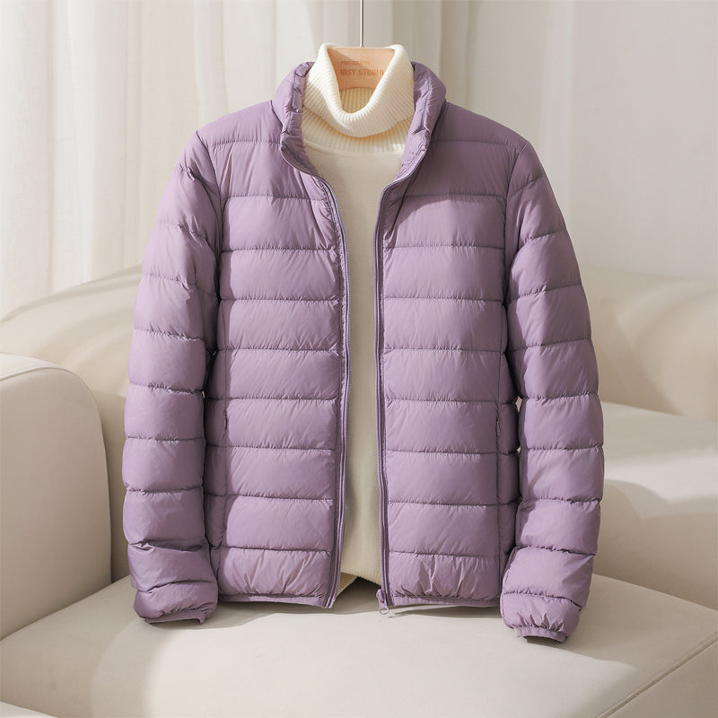 Women's quilted puffer jacket with high collar and long sleeves