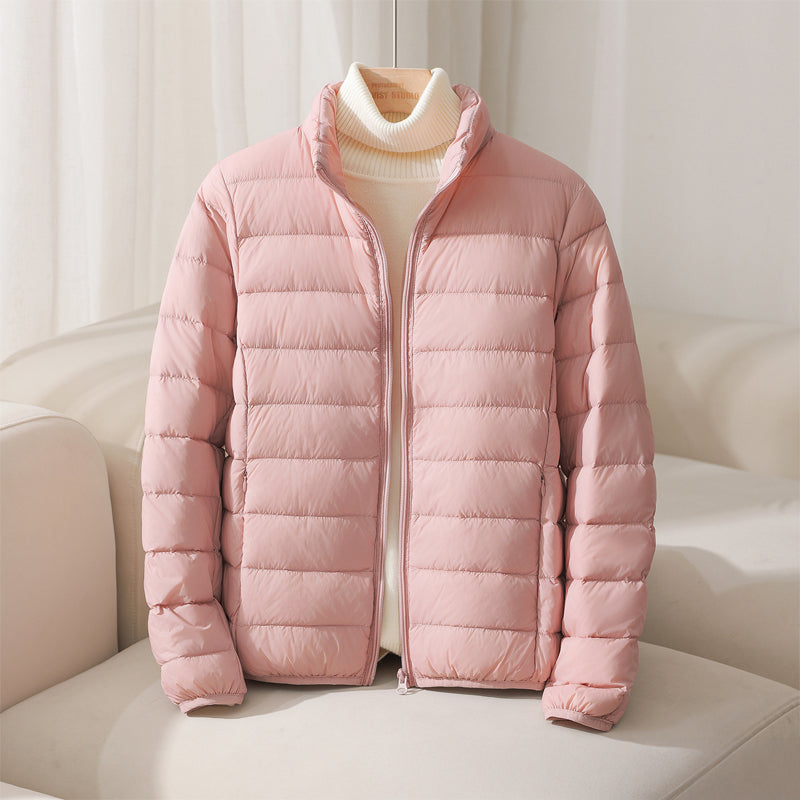 Women's quilted puffer jacket with high collar and long sleeves
