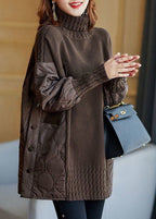Women's longline turtleneck jumper with quilted patchwork panels and button details