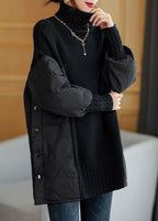 Women's longline turtleneck jumper with quilted patchwork panels and button details