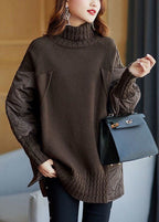 Women's longline turtleneck jumper with quilted patchwork panels and button details