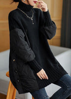 Women's longline turtleneck jumper with quilted patchwork panels and button details