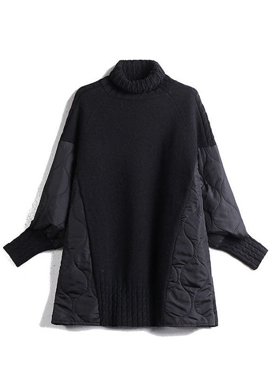 Women's longline turtleneck jumper with quilted patchwork panels and button details