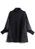 Women's longline turtleneck jumper with quilted patchwork panels and button details