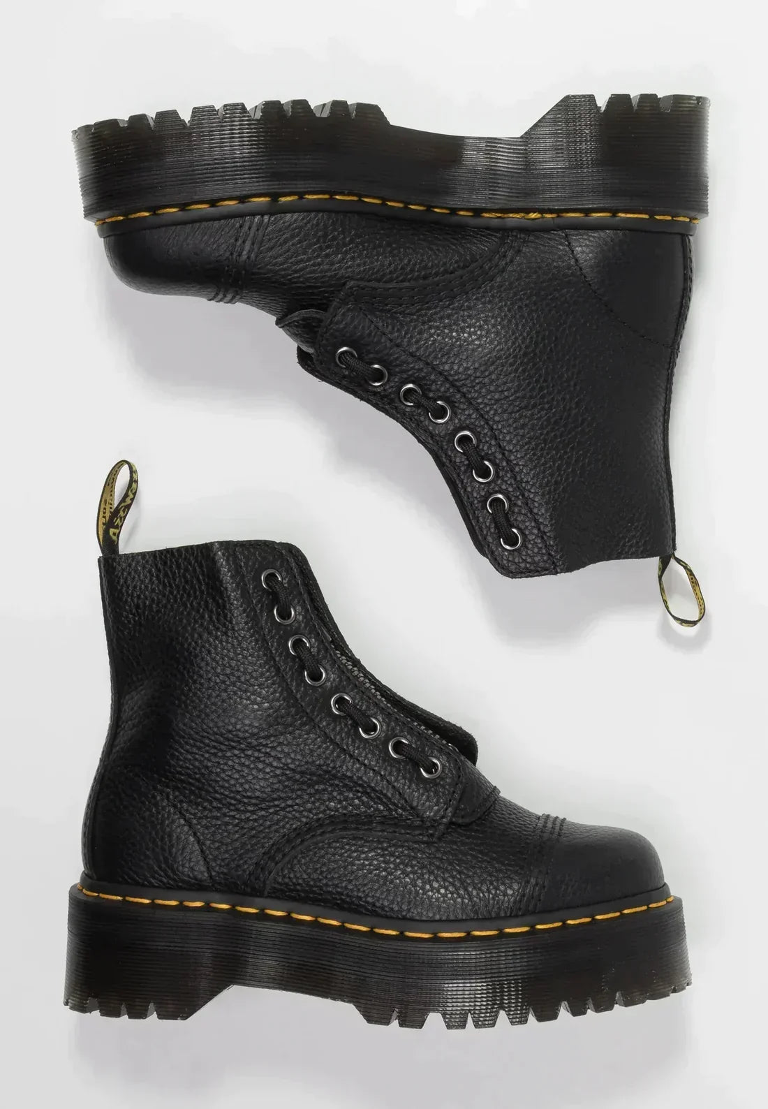 Black women's platform ankle boots with laces, side zip and chunky ridged sole