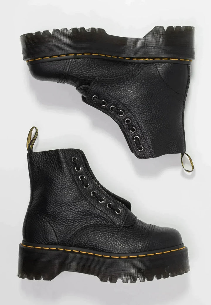 Black women's platform ankle boots with laces, side zip and chunky ridged sole