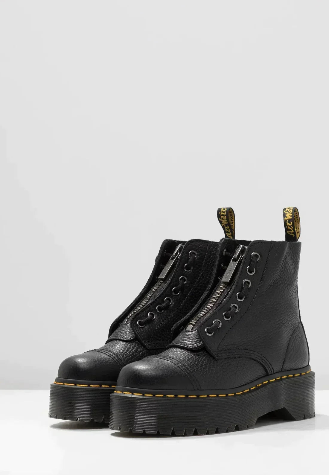 Black women's platform ankle boots with laces, side zip and chunky ridged sole