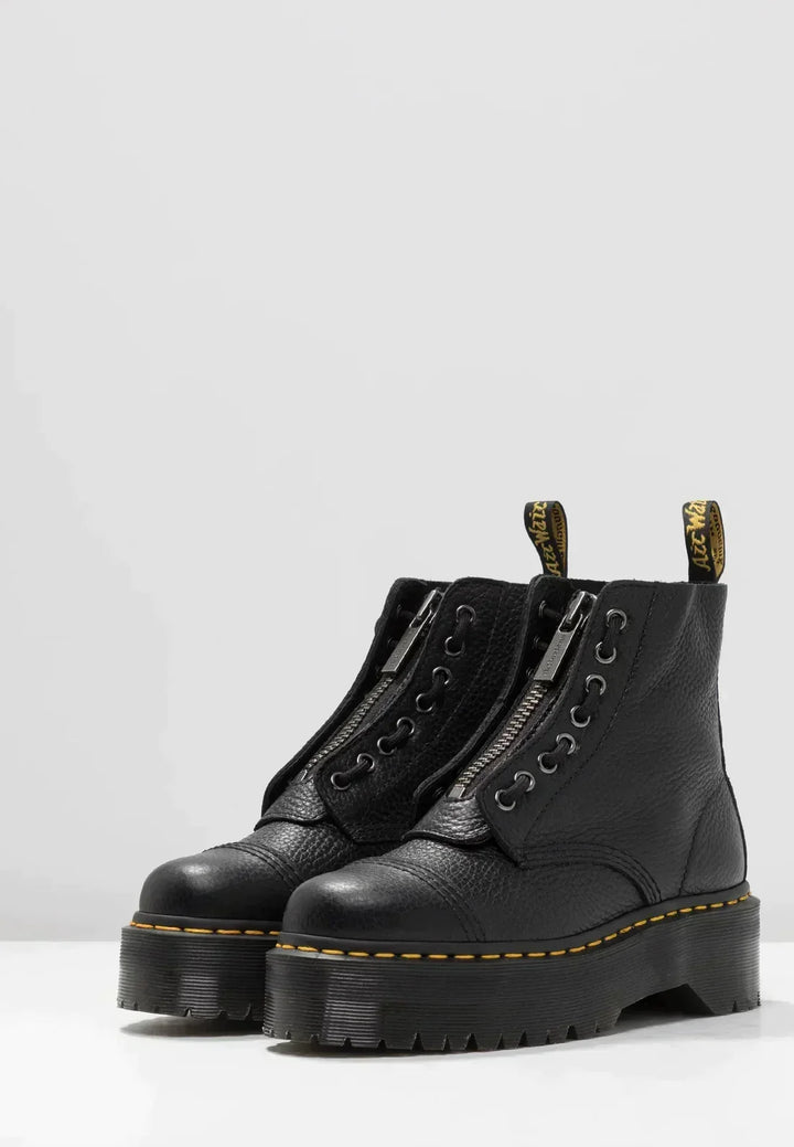 Black women's platform ankle boots with laces, side zip and chunky ridged sole