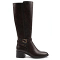 Women's dark brown knee-high boots with buckle strap and mid block heel