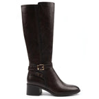 Women's dark brown knee-high boots with buckle strap and mid block heel
