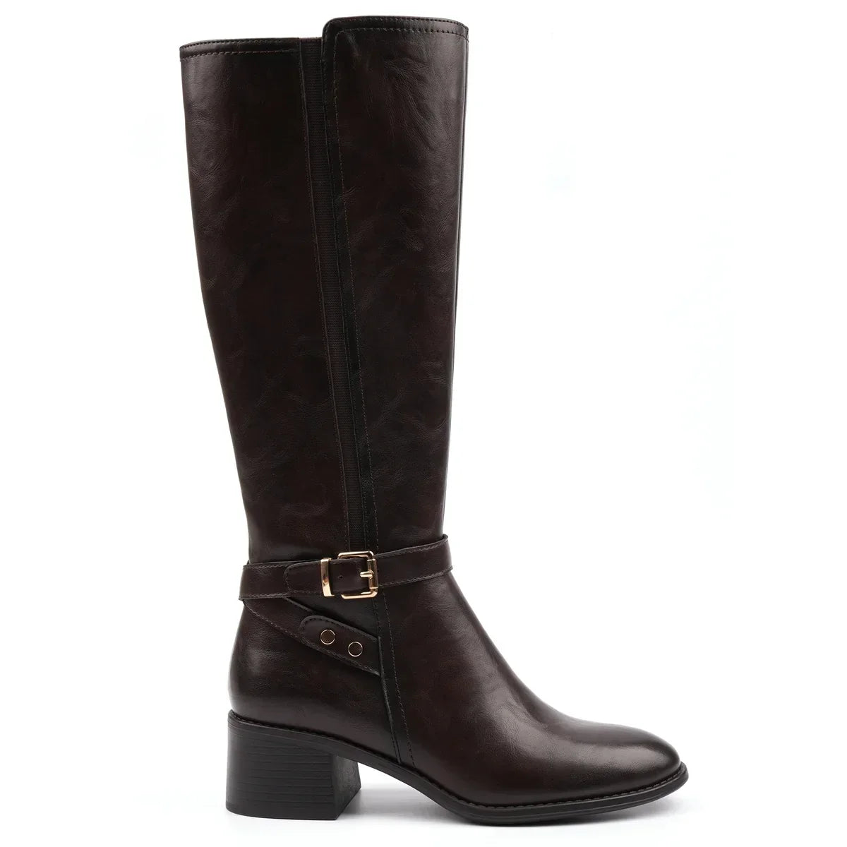 Women's dark brown knee-high boots with buckle strap and mid block heel