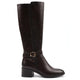 Women's dark brown knee-high boots with buckle strap and mid block heel