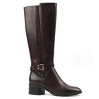 Women's dark brown knee-high boots with buckle strap and mid block heel