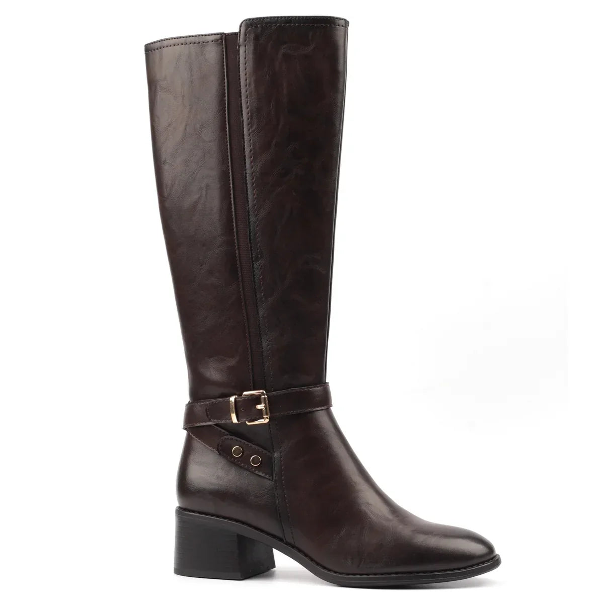 Women's dark brown knee-high boots with buckle strap and mid block heel