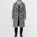 Men's long double-breasted trench coat with wide lapels and buttoned cuffs