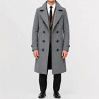 Men's long double-breasted trench coat with wide lapels and buttoned cuffs