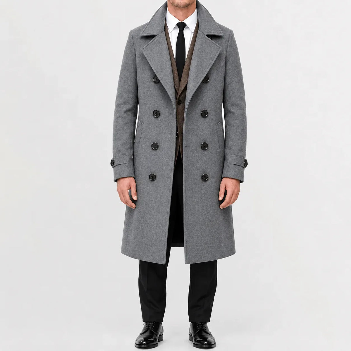 Men's long double-breasted trench coat with wide lapels and buttoned cuffs