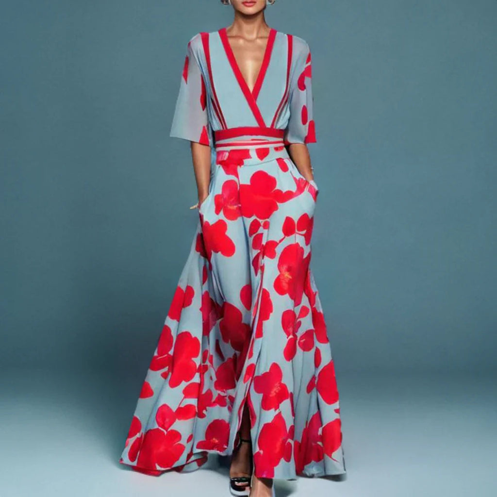 Women's light blue floral wrap maxi dress with red flowers and three-quarter sleeves