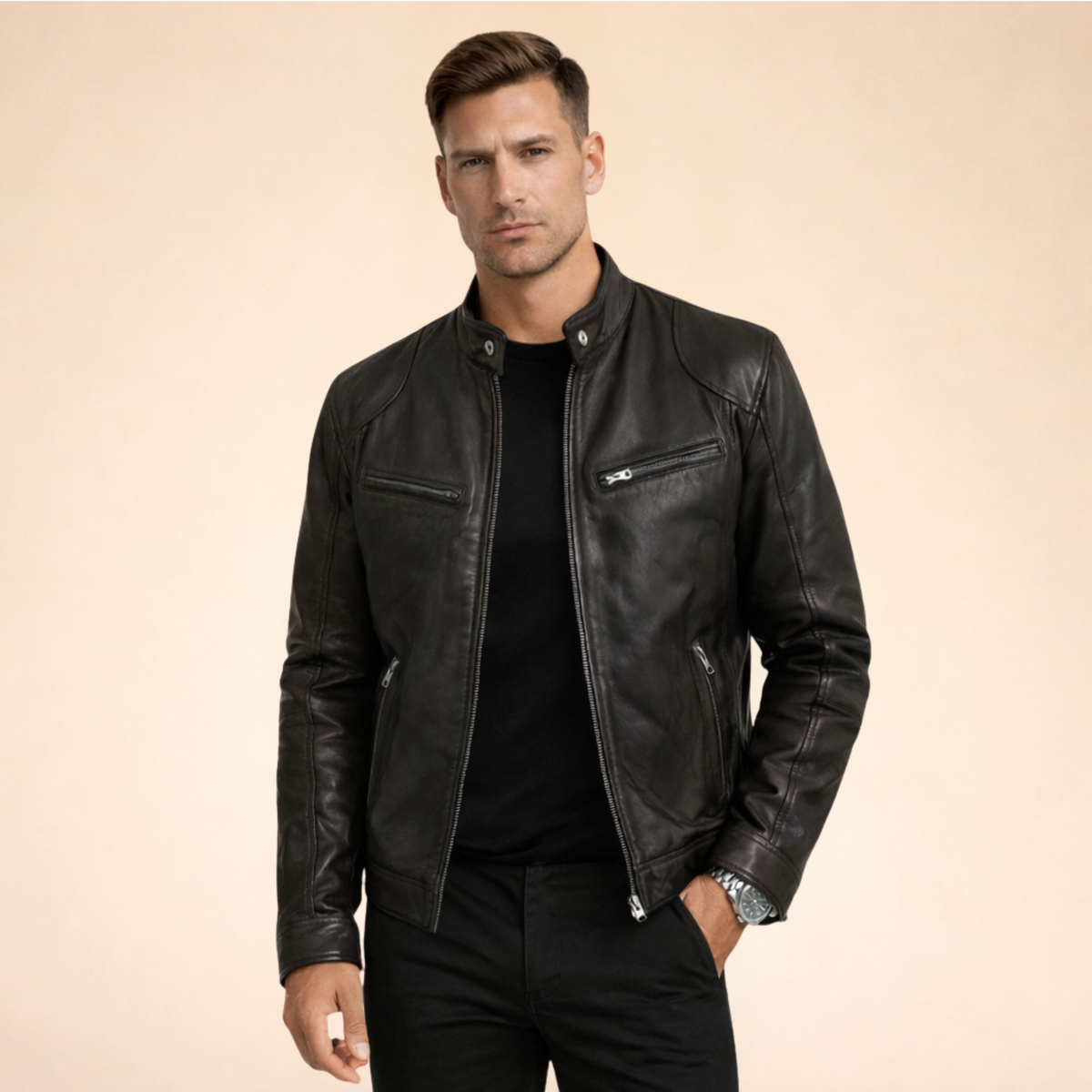 Men's long-sleeved stand-collar jacket with multiple zipped pockets