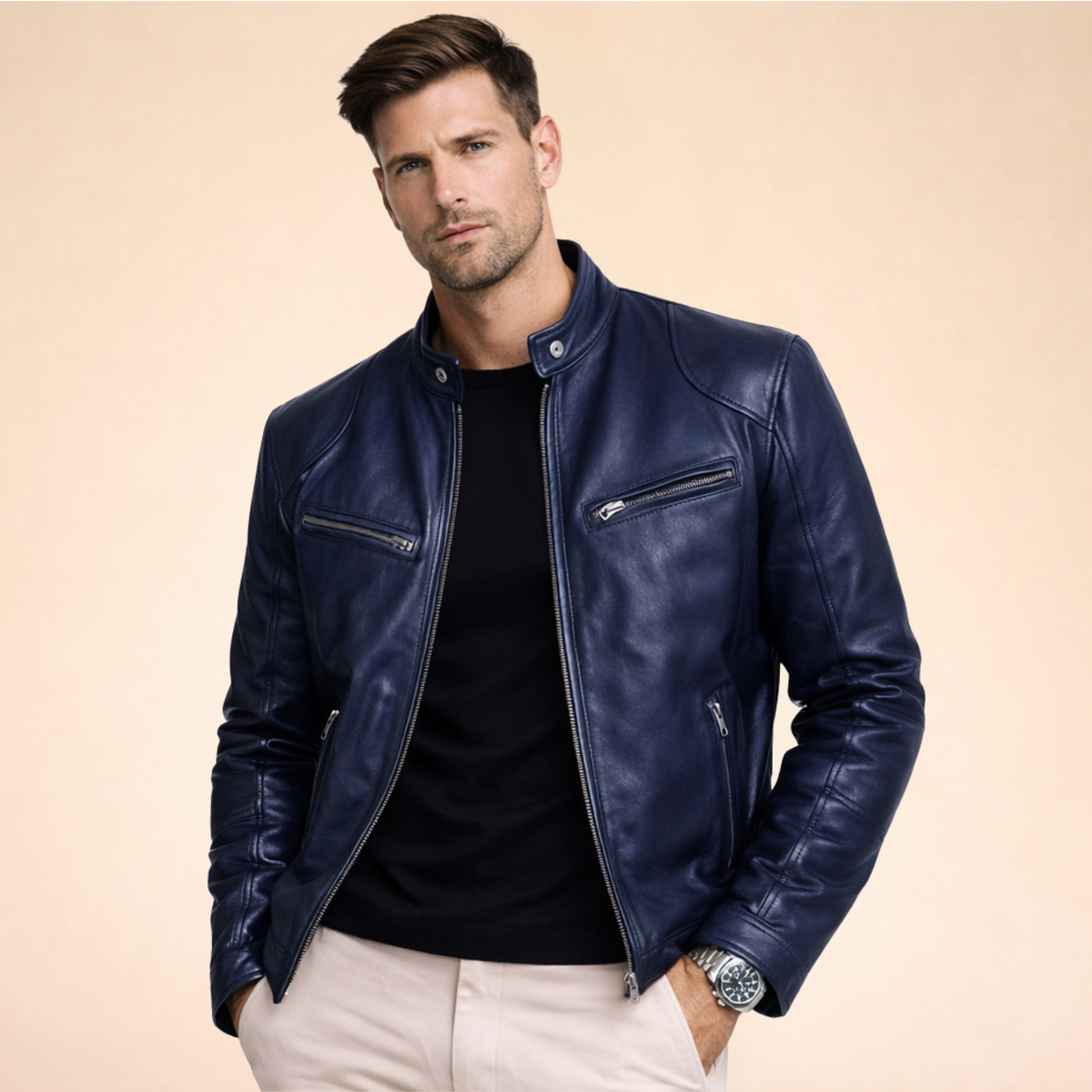 Men's long-sleeved stand-collar jacket with multiple zipped pockets