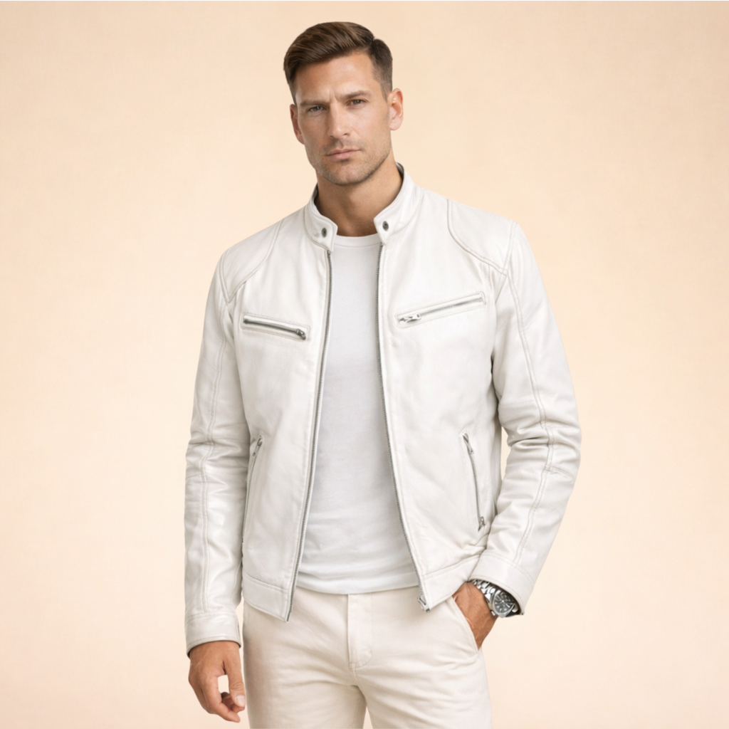 Men's long-sleeved stand-collar jacket with multiple zipped pockets