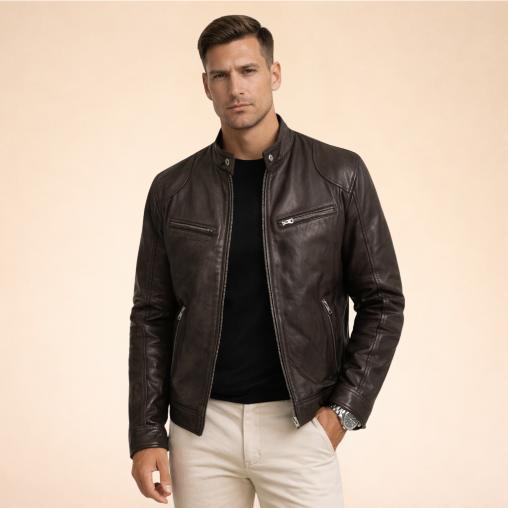 Men's long-sleeved stand-collar jacket with multiple zipped pockets