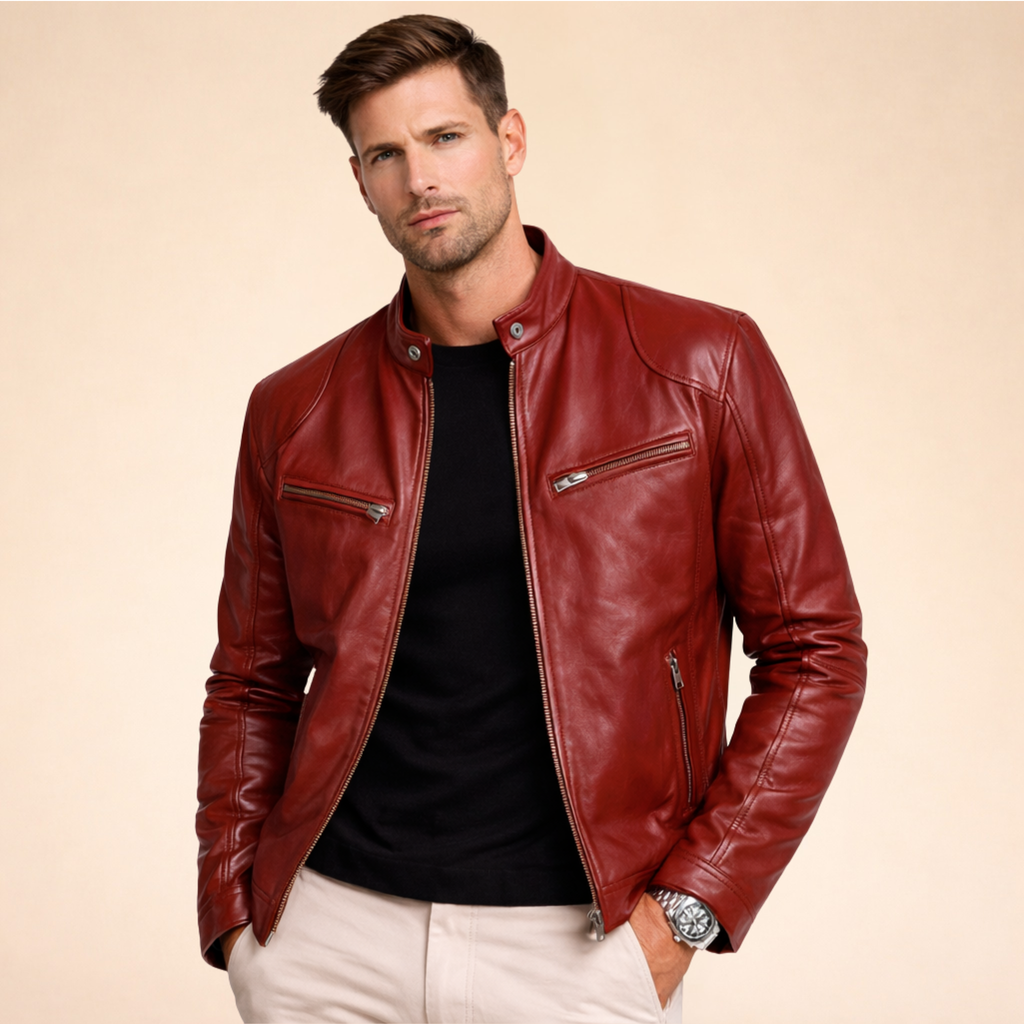 Men's long-sleeved stand-collar jacket with multiple zipped pockets