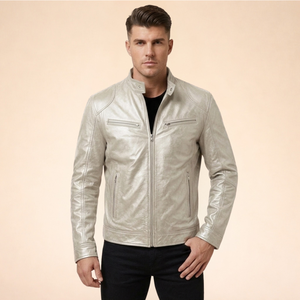 Men's long-sleeved stand-collar jacket with multiple zipped pockets