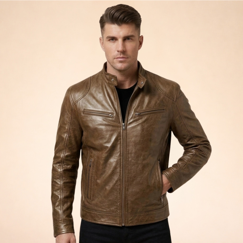 Men's long-sleeved stand-collar jacket with multiple zipped pockets